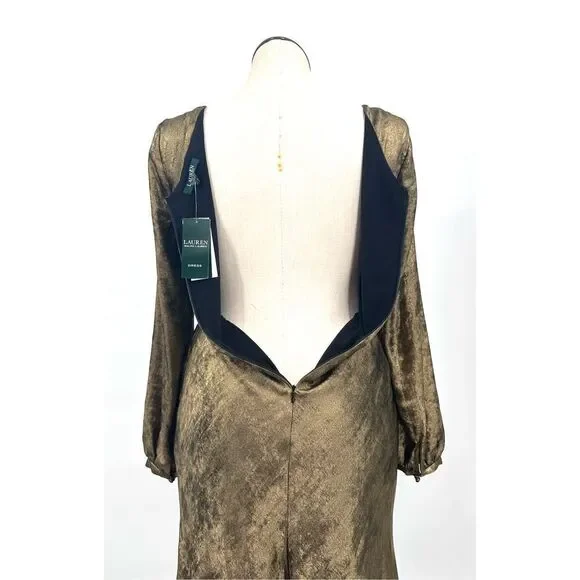 Lauren Ralph Lauren Womens Size 8 Marletta‎ Faux Wrap Sateen Dress Gold NWT $195